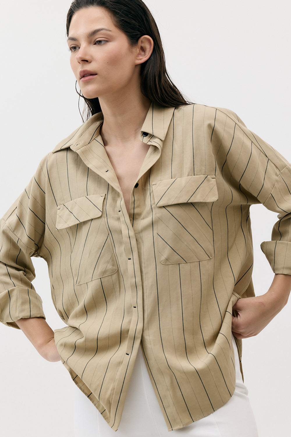THE LINEN LONG BUTTON UP SHIRT
